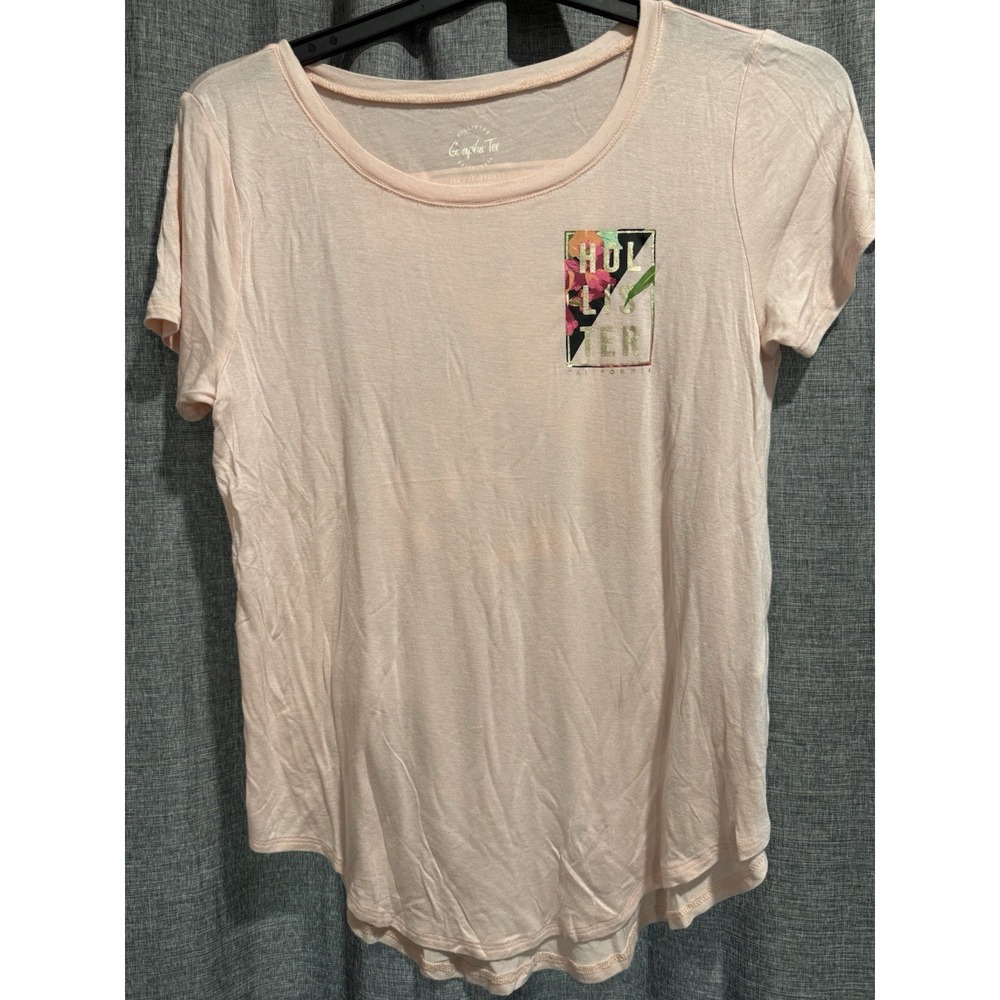 Hollister Womens S Curved Hem Stand Out Tee‎ Soft Pink Floral Front/Back Graphic